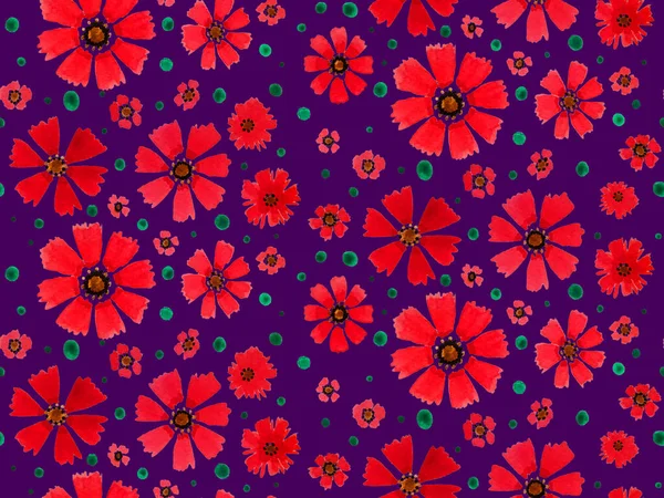 手描きのシームレスな水彩色鮮やかなパターンと赤い花 — ストック写真