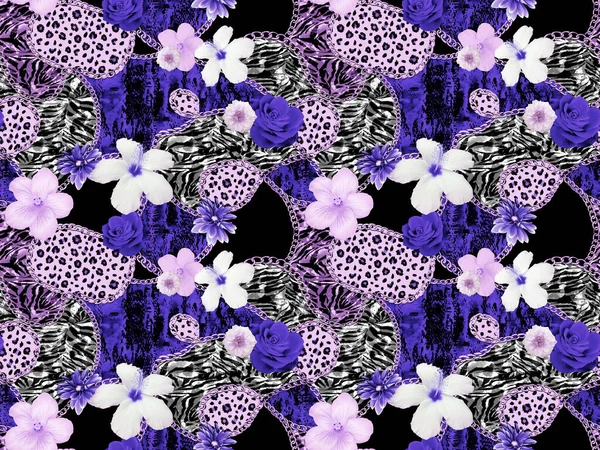 Nahtloses Muster Mit Bunten Blumen Und Leopardenflecken — Stockfoto