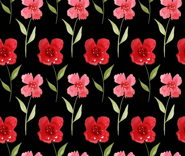 Ręcznie Rysowane Bezszwowe Akwarela Kolorowy Jasny Wzór Czerwonymi Kwiatami — Zdjęcie stockowe