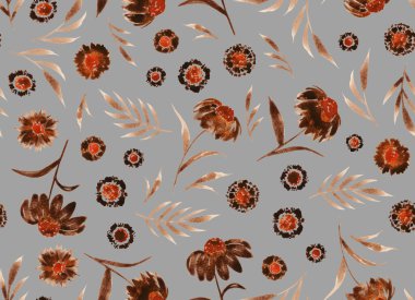 Renkli çiçeklerle renksiz, parlak desenli el çizimi