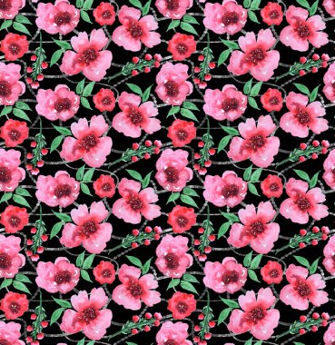 Renkli çiçeklerle renksiz, parlak desenli el çizimi