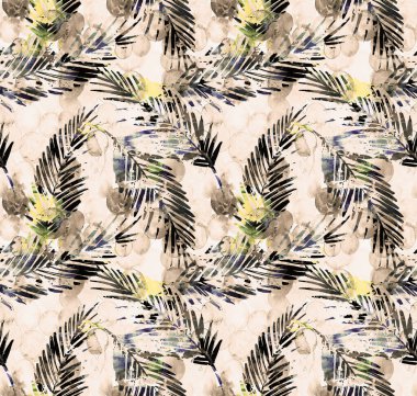 Tropikal yapraklar ve beneklerle renksiz, parlak, karışık desenler. 