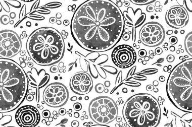 Renkli çiçeklerle renksiz, parlak desenli el çizimi.