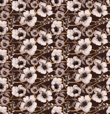 Renkli çiçeklerle renksiz, parlak desenli el çizimi