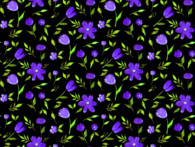 Renkli çiçeklerle renksiz, parlak desenli el çizimi