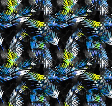 Tropikal yapraklar ve beneklerle renksiz, parlak, karışık desenler. 