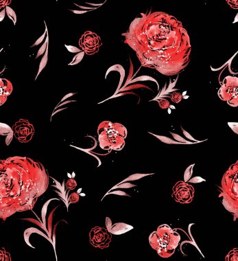 Renkli çiçeklerle renksiz, parlak desenli el çizimi