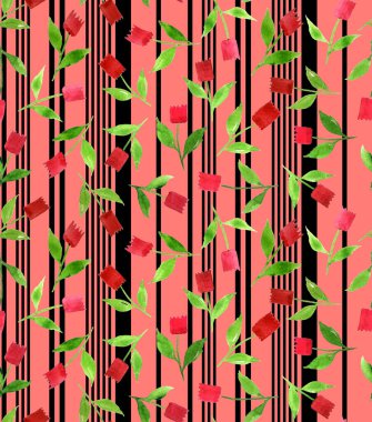 Çizgili arka planda renkli çiçekleri olan pürüzsüz bir desen çizilmiş.