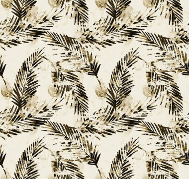 Tropikal yapraklar ve beneklerle renksiz, parlak, karışık desenler. 