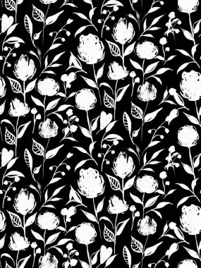 Renkli çiçeklerle renksiz, parlak desenli el çizimi