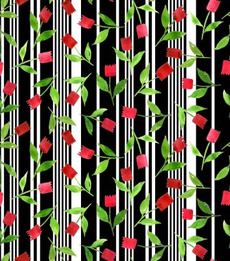 Çizgili arka planda renkli çiçekleri olan pürüzsüz bir desen çizilmiş.