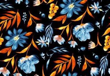 Renkli çiçeklerle renksiz, parlak desenli el çizimi