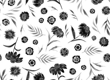 Renkli çiçeklerle renksiz, parlak desenli el çizimi