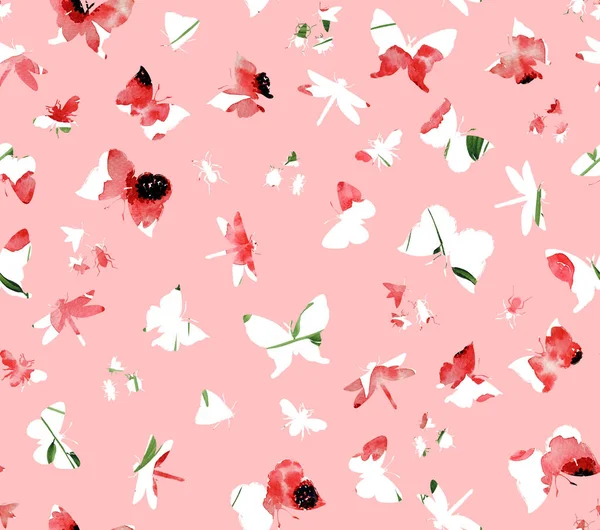 Seamless Colorful Bright Pattern Butterflies Poppies Background — Stock Photo, Image