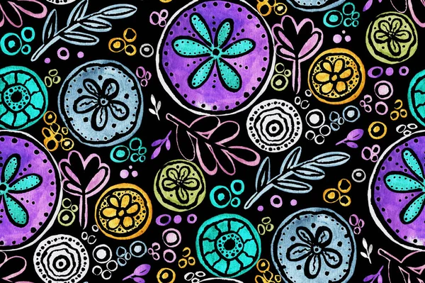 Ręcznie Rysowane Bezszwowe Kolorowy Jasny Wzór Kolorowymi Kwiatami Ozdobnymi — Zdjęcie stockowe