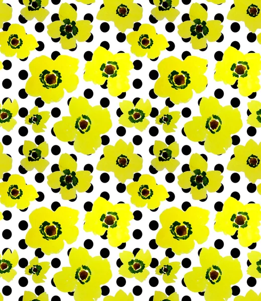 Polka Noktalı Arkaplanda Renkli Çiçeklerle Renksiz Parlak Desen Çizildi — Stok fotoğraf