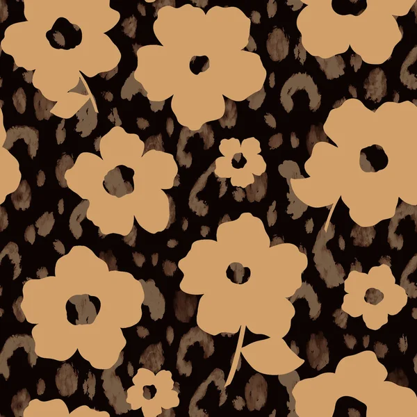手绘天衣无缝的豹皮图案 带有黑斑和五彩斑斓的花朵 — 图库照片