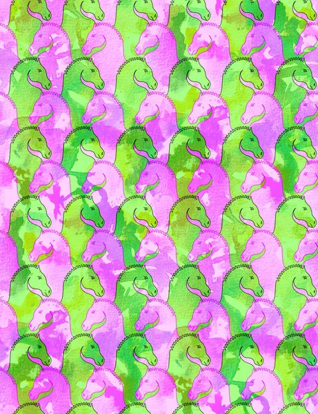 Hand Drawn Seamless Colorful Bright Pattern Horses Colorful Background — Stock Photo, Image