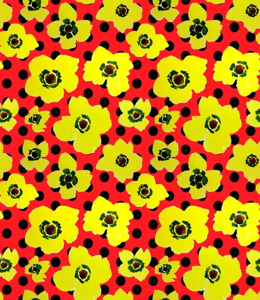 Polka Noktalı Arkaplanda Renkli Çiçeklerle Renksiz Parlak Desen Çizildi — Stok fotoğraf