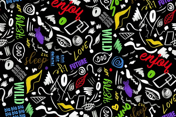 Hand Drawn Seamless Bright Street Wall Pattern Colorful Signs Symbols — Stock Photo, Image