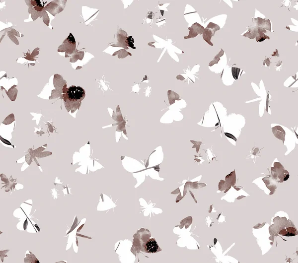 Bezszwowy Kolorowy Jasny Wzór Motyli Tle Maków — Zdjęcie stockowe