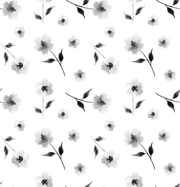 Renkli çiçeklerle renksiz, parlak desenli el çizimi