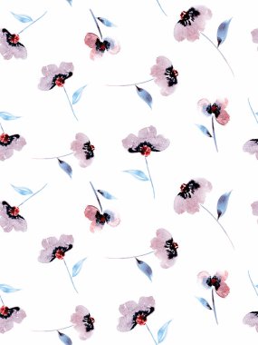 Renkli çiçeklerle renksiz, parlak desenli el çizimi