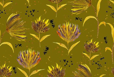 Renkli çiçeklerle renksiz, parlak desenli el çizimi