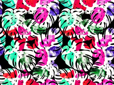 Tropikal yapraklar ve beneklerle renksiz parlak desenler çizilmiş. 