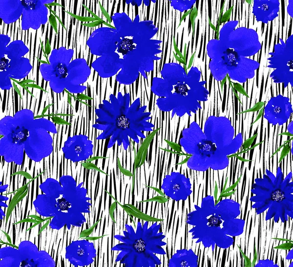 Hand Drawn Seamless Colorful Bright Pattern Poppies Leaves — Stock Photo, Image