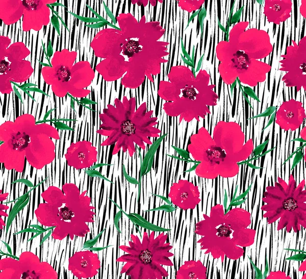 Hand Drawn Seamless Colorful Bright Pattern Poppies Leaves — Stock Photo, Image