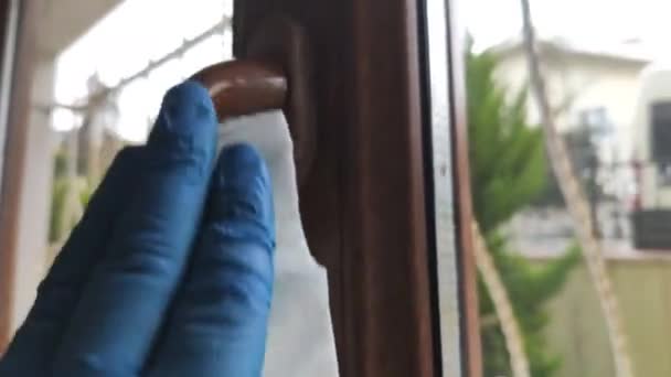 Limpando superfícies e desinfetando maçanetas da janela da porta com almofadas de algodão — Vídeo de Stock