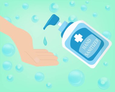 El dezenfektanı şişesi, hijyen için vektör alkol şişesi. Temizlik konsepti afişi