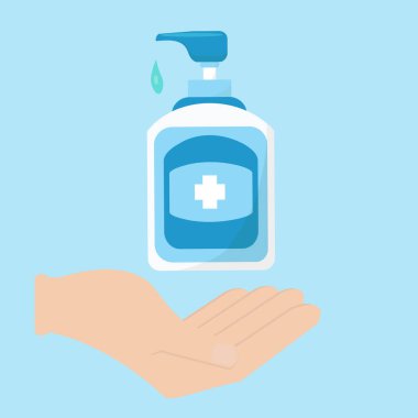 Temizlik için el dezenfektanı şişesi. Sembol el ve şişe.