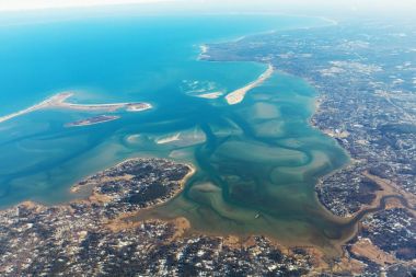 Havadan görünümü Duxbury Doğu sahil üzerinde. Mendra Nehri Jones nehir Adaları ve plajlar Massachusetts.Typical manzara. ABD