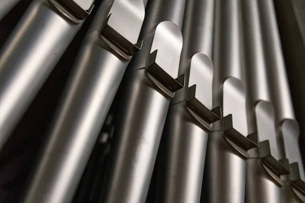 Part of the church organ with many air pipes made of metal — Stock Photo, Image