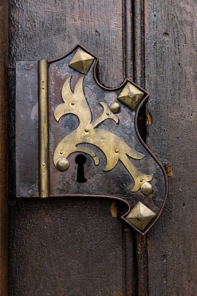 Large wooden door with wrought-iron elements. Decorative door with fittings. — Stock Photo, Image