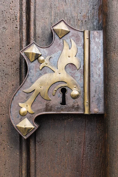 Large wooden door with wrought-iron elements. Decorative door with fittings. — Stock Photo, Image