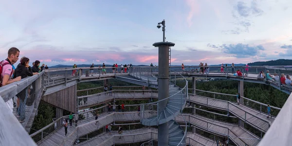 Lipno, Tsjechië - 18 juli 2017. Een groep mensen zijn op de top van de uitkijktoren en de omgeving te kijken. TreeTop loopbrug — Stockfoto