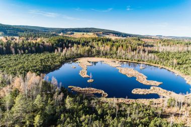 Chalupska üzerinde hava görünümünü demirlemek sonbahar, Sumava, Milli Parkı, Çek Cumhuriyeti