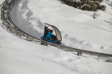 Dolomites ormanında kış kızak pisti. İki erkek at binme