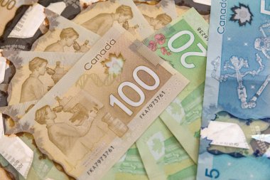 Kanada Doları, iş ve ekonomi kavramı. Siyah bir arka plan üzerinde farklı değerler Kanada banknotlar
