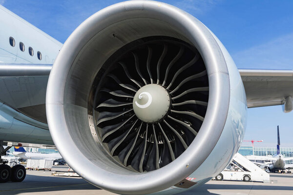 detailed insigh tturbine blades of an aircraft jet engine, business jet engine close up high detailed view