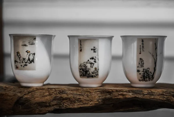 Białe Ceramiczne Kubki Zestaw Porcelanowych Naczyń Jingdezhen — Zdjęcie stockowe