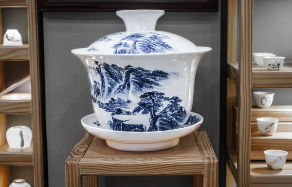 Gaiwan Chińską Ceremonię Herbaty Kubek Pokrywką Zaparzania Herbaty Porcelana Jingdezhen — Zdjęcie stockowe