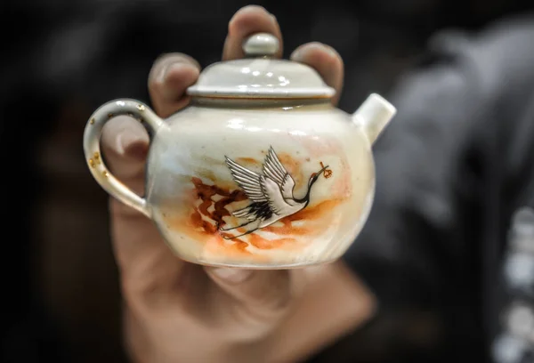 Théière Porcelaine Avec Motif Oiseau Céramique Jingdezhen — Photo