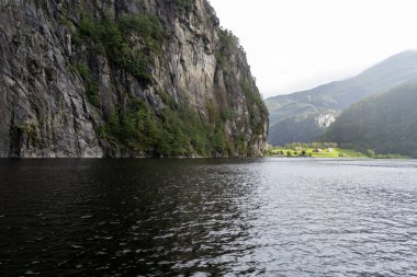 Dev bir dağ ve Norveç, Bergen 'den gelen Mostraumen fiyort gezisi sırasında Mo köyünün manzarası.
