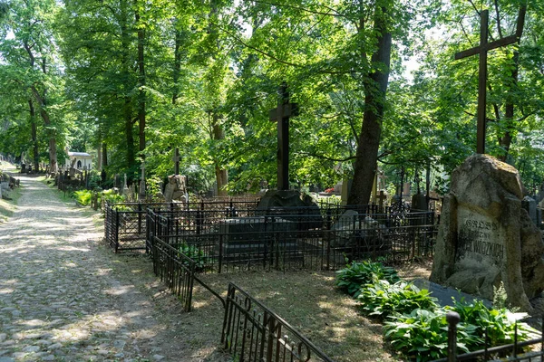 Cimitero Bernardine di Vilnius, Lituania. Alberi verdi e sole caldo durante il giorno. giugno 2019 — Foto Stock