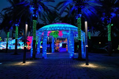 Dubai 'de Parlayan Bahçe. İyi geceler. Geri dönüştürülmüş plastik atıklardan yapılan şişirilebilir dekorasyonlar çok çeşitli renkli renklerle güzelce renklendiriliyor. Neşe atmosferi, kutlama, mutluluk.