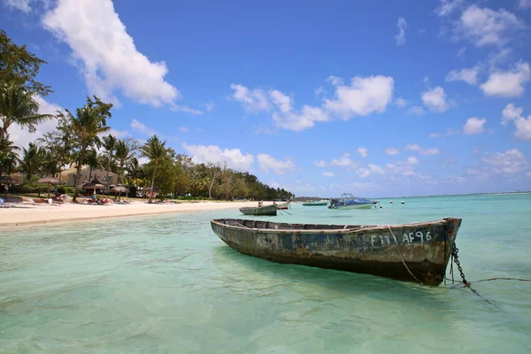 Old Fisherman Boat Anchored Crystal Clear Water Island Setting Palm Stock Image